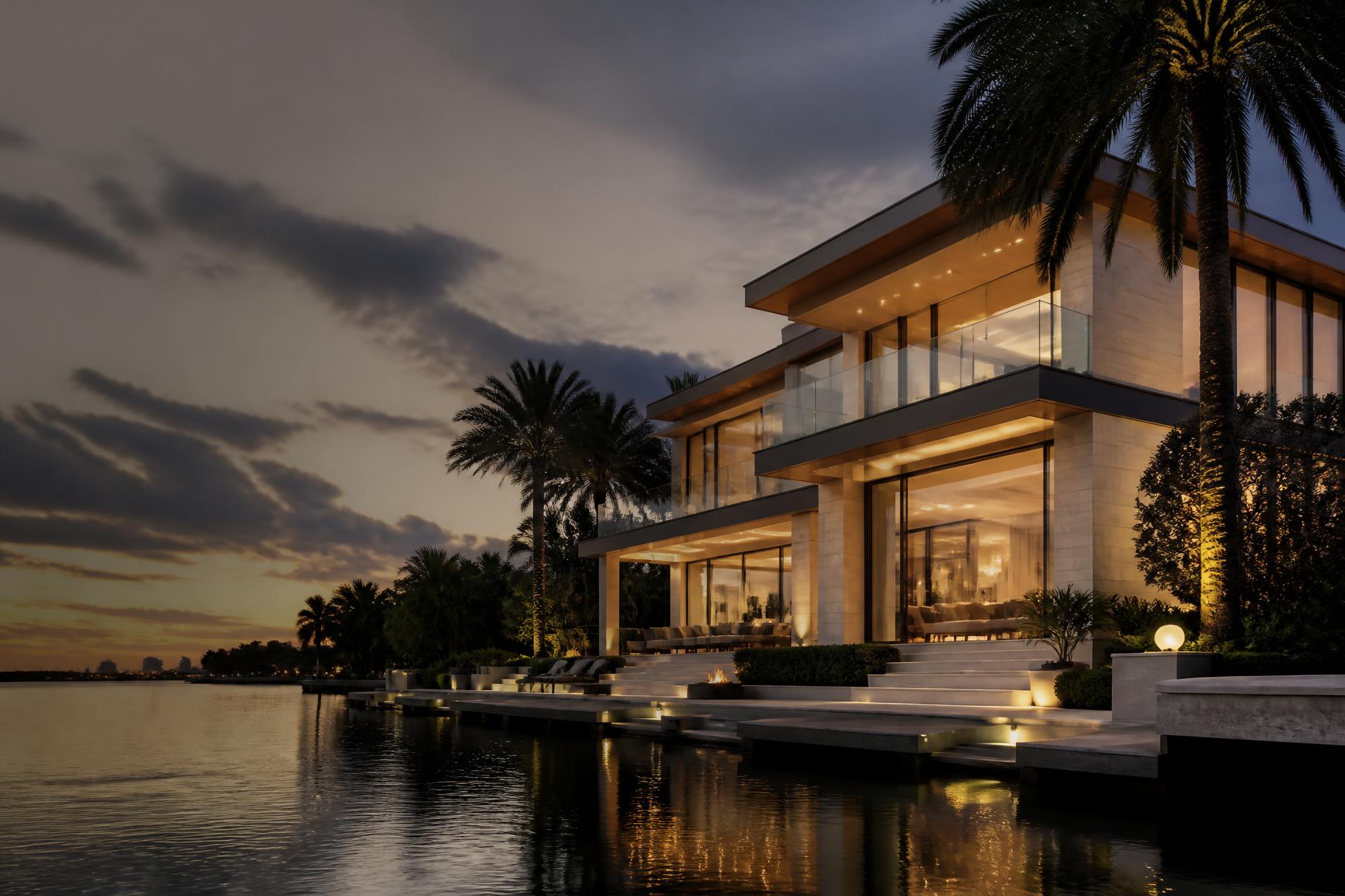 Contemporary Miami waterfront residence at dusk